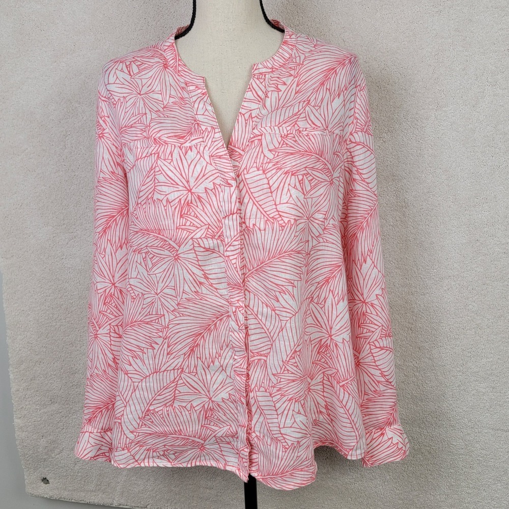 Tommy Bahama Womens M Coral Pink Tropical Leaf 100% Linen Button Up Shirt - Picture 2 of 13